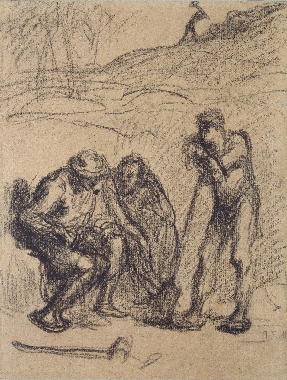 Drie boeren rustend, een leunend op een spade, c1850-1851 door Jean Francois Millet
