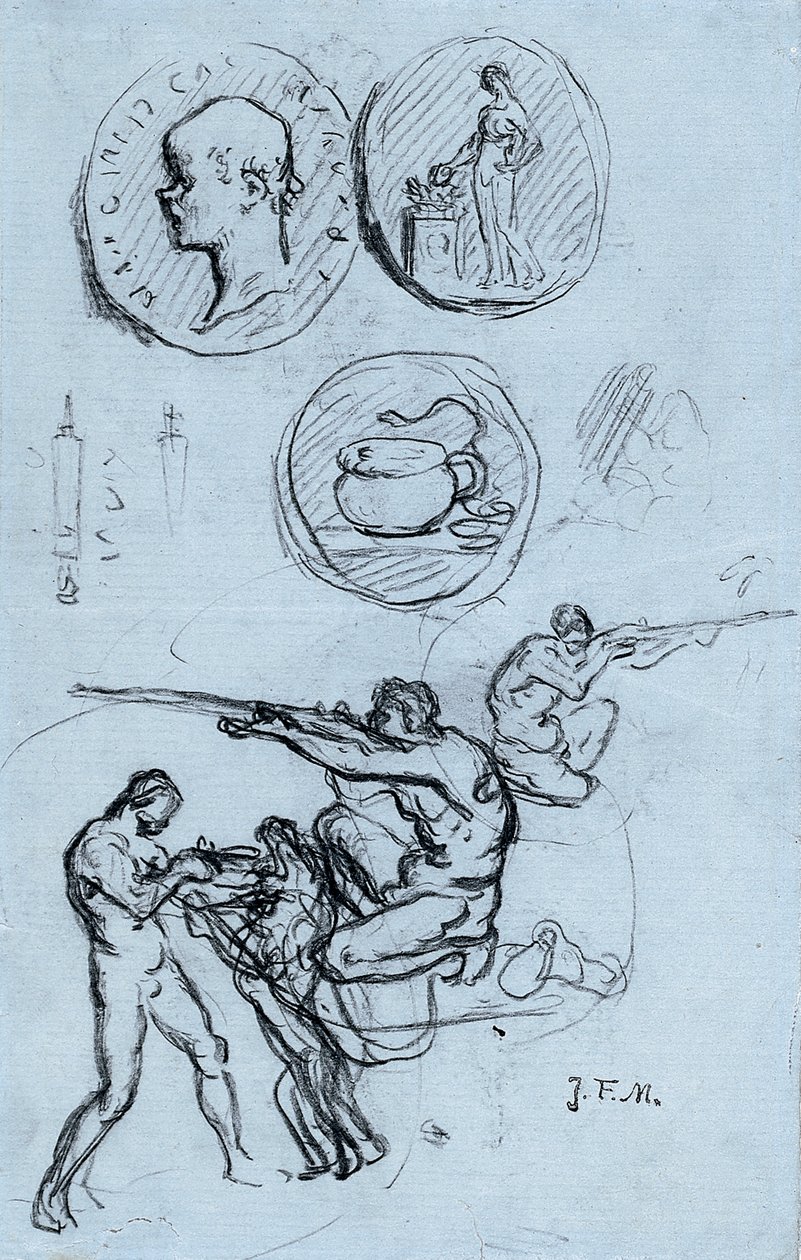 Drie studies voor antieke munten, jagers en een man met een leeuw door Jean Francois Millet