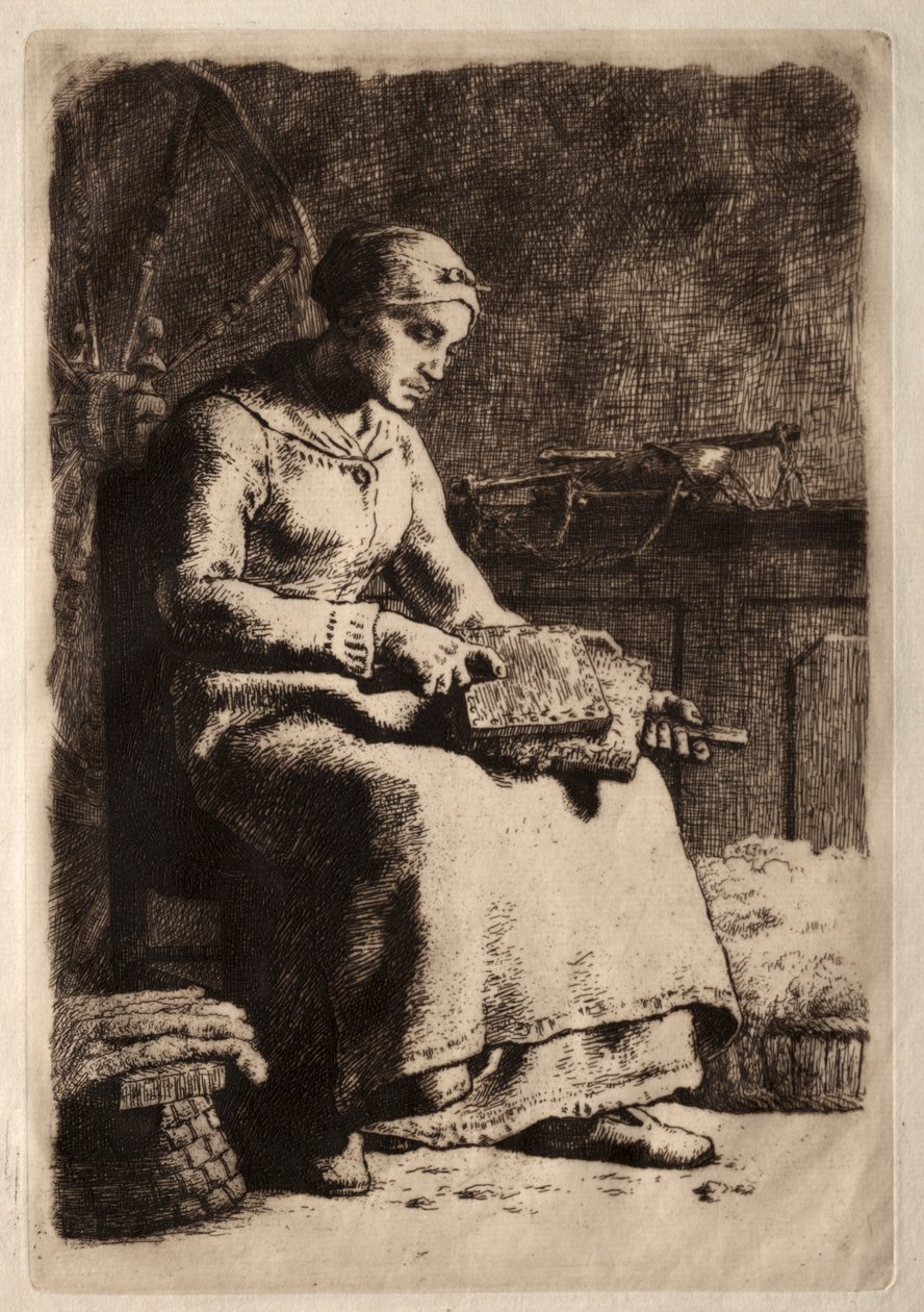 Vrouw aan het kaarden door Jean-Francois Millet