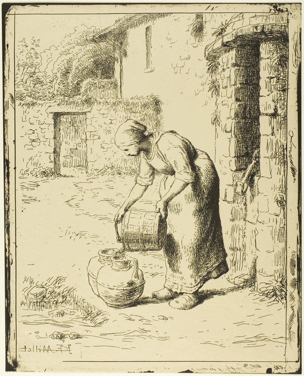 Vrouw die een emmer leegt door Jean-Francois Millet