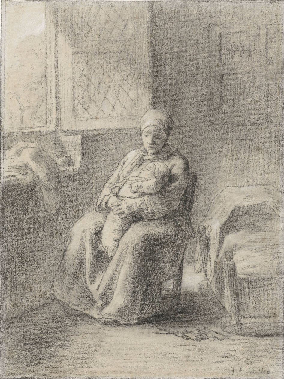 Zittende vrouw met baby bij een open raam door Jean Francois Millet