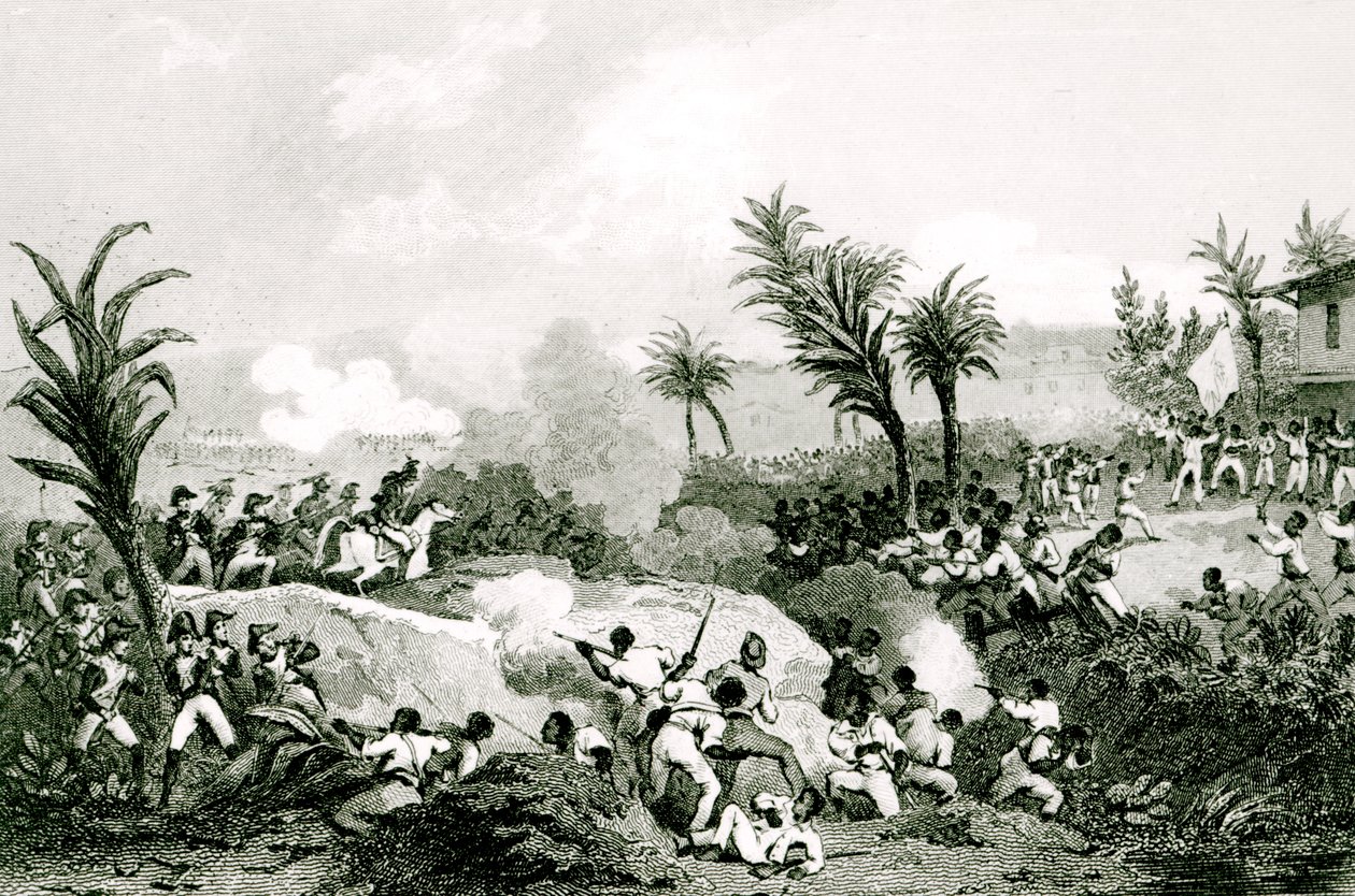 Zwarte opstand in Santo Domingo, 16 september 1802, uit "Histoire Universelle du XIXe siecle", naar Martinet door Jean Francois Pourvoyeur
