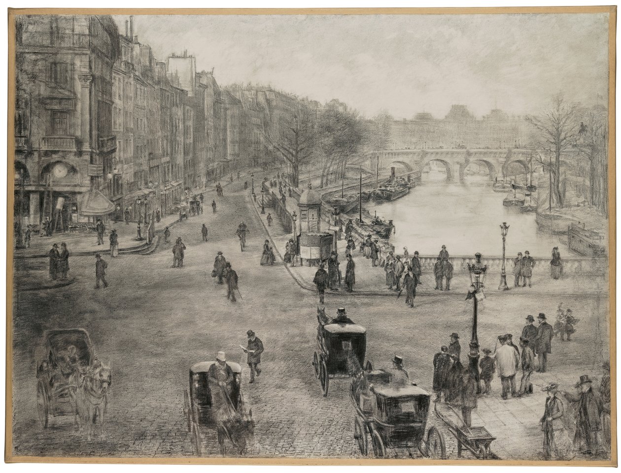 Parijs, La place de Saint Michel met de quai des Grands Augustins en de pont Saint Michel op de voorgrond en de pont Neuf en het Louvre op de achtergrond, ca. 1900 door Jean Francois Raffaelli