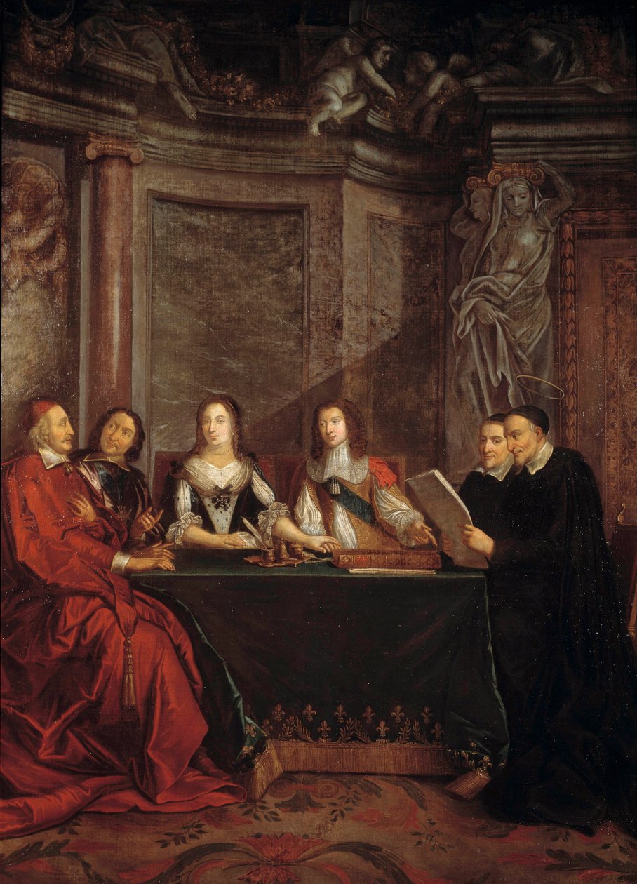 De raad van geweten: Sint Vincentius van Paul, hoofd van de raad van geweten leest voor aan kardinaal Jules Mazarin (Giulio Raimondo Mazzarino of Mazarino) (1602-1661), Pierre Seguier (1588-1672), koningin Anna van Oostenrijk (1601-1666) en Lodewijk XIV (1 door Jean François de Troy