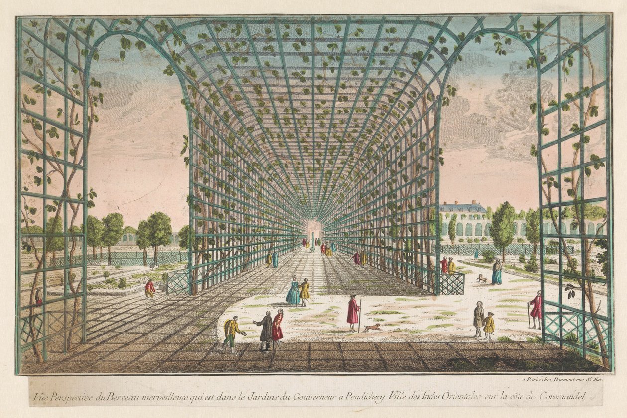 Gezicht op de loofgang van de tuin van de gouverneur te Pondicherry door Jean François Daumont