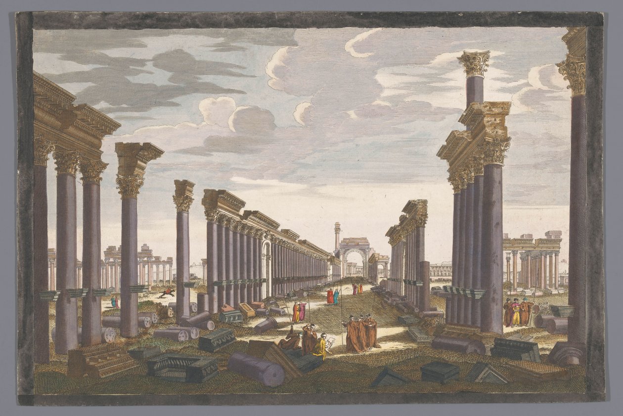 Gezicht op de ruïne van de boog van de zuilengalerij te Palmyra, gezien vanaf de westzijde door Jean François Daumont