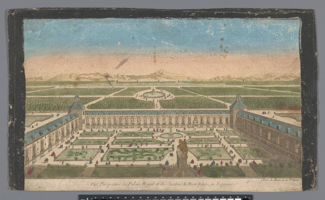 Gezicht op de tuin en het Palacio del Buen Retiro te Madrid door Jean François Daumont