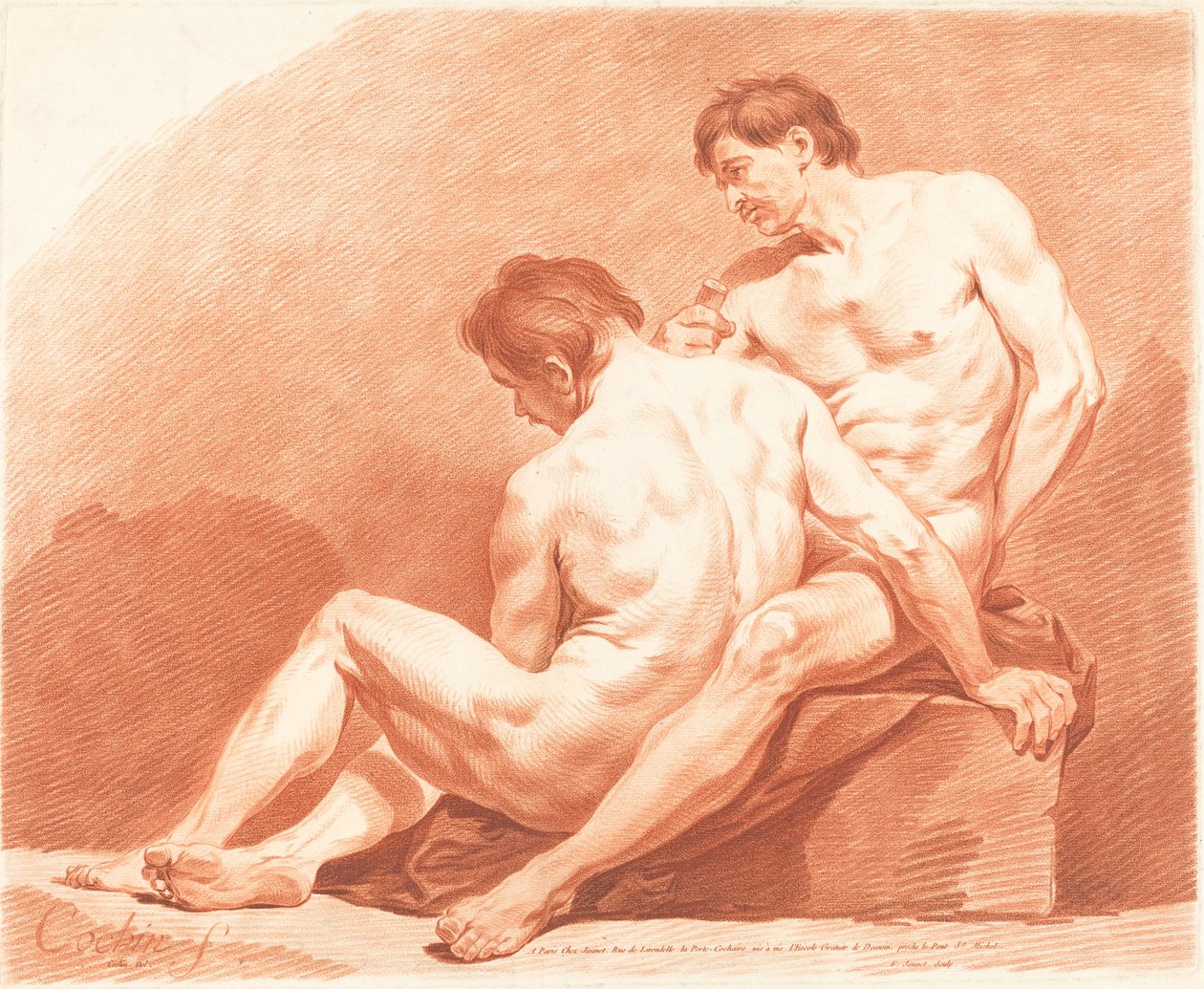 Twee mannelijke naakten door Jean François Janinet after Charles Nicolas Cochin the Younger