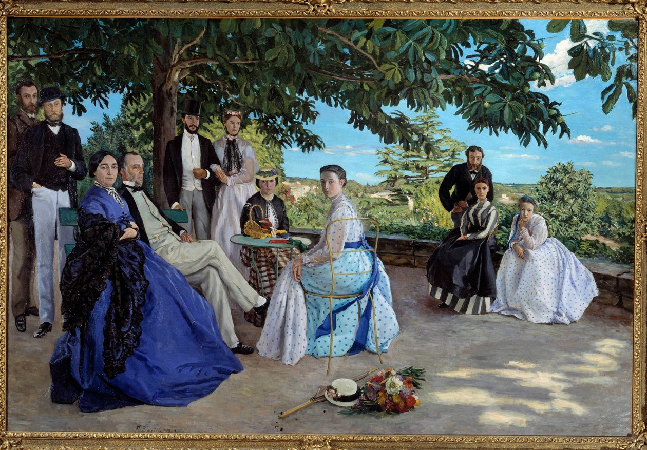 Familiebijeenkomst: portret van een Franse bourgeoisfamilie verzameld in een tuin door Jean Frederic Bazille