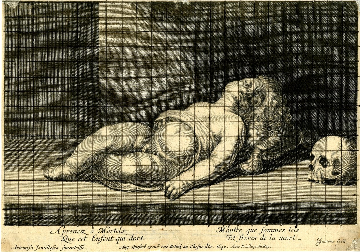 Jean Ganière - Kind slaapt met zijn hoofd rustend op een kussen; schedel rechts. 1640 door Jean Ganière