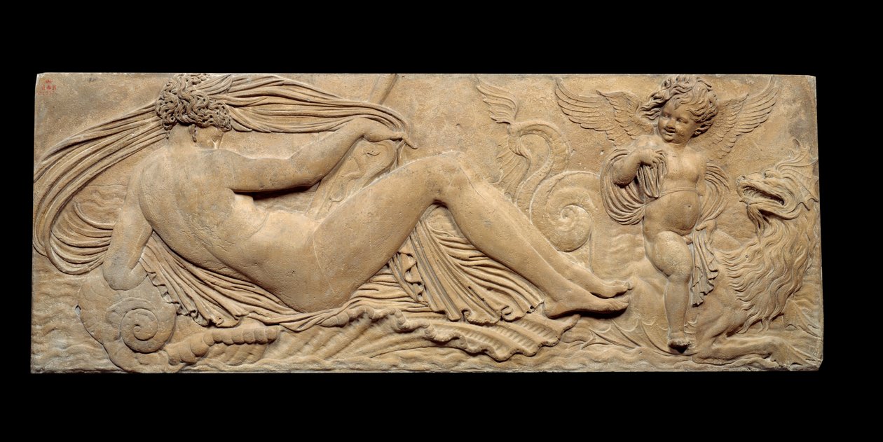 Nimf en kleine genie rijden op een zeepaard; Nimf en Triton omringd door twee kleine genieën. Laag reliëf. Steen sculptuur door Jean Goujon