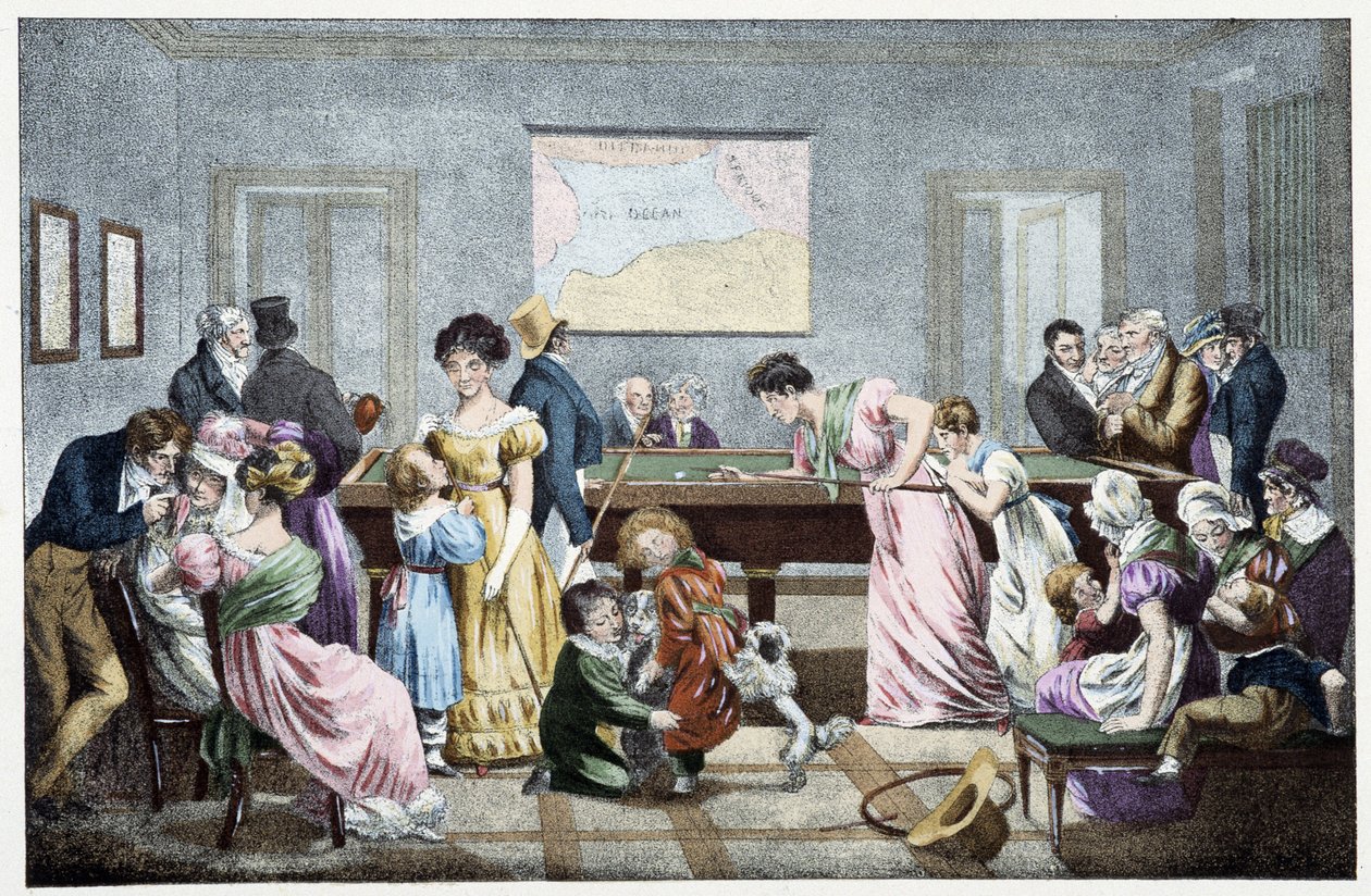 Een biljartkamer in de 19e eeuw: gebaseerd op een lithografie door Marlet. door Jean Henri (after) Marlet