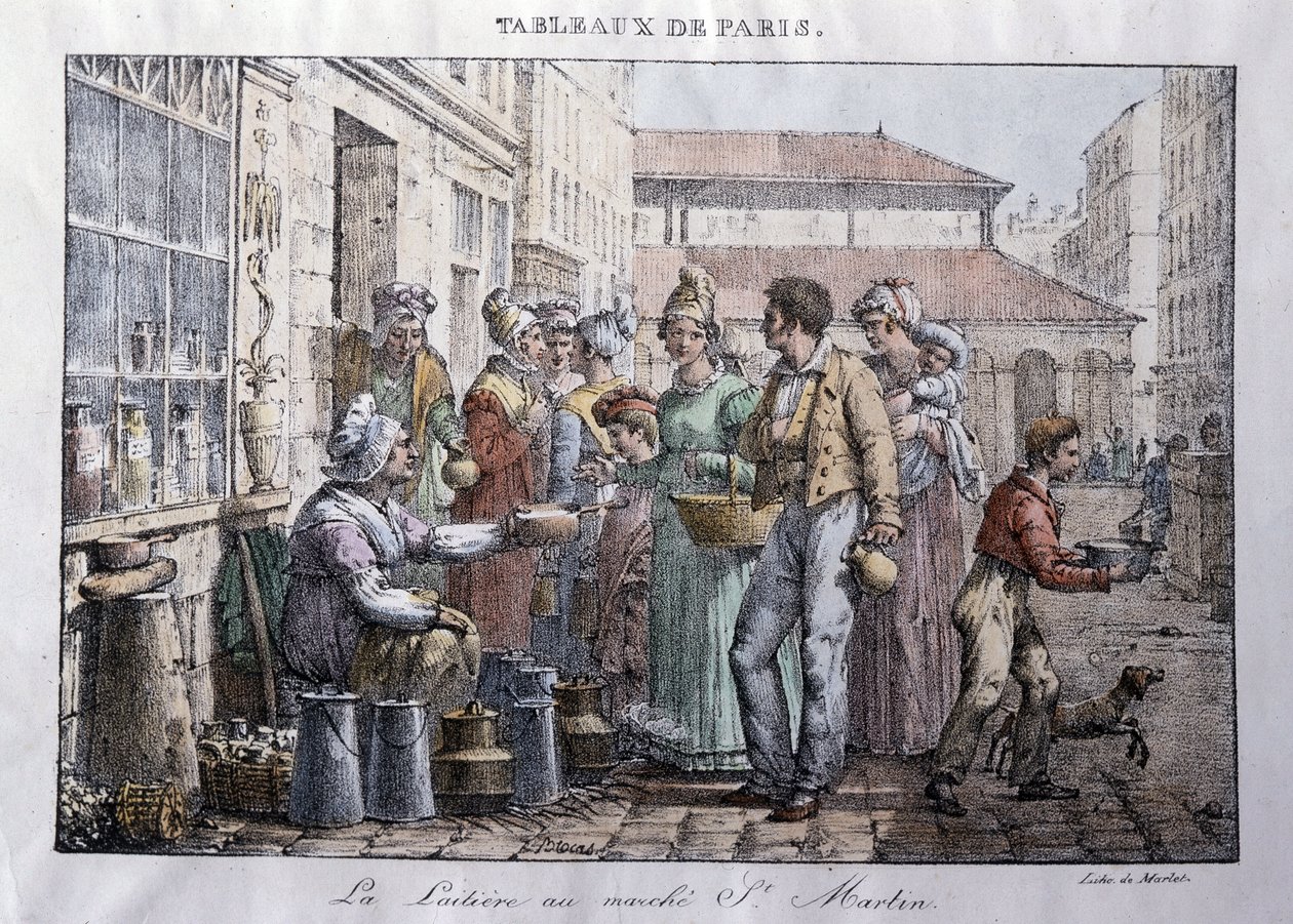 Oude beroepen van de straten van Parijs: De melkboerin van de Saint Martin markt - Gravure door Jean Henry Marlet (1771-1847) in 