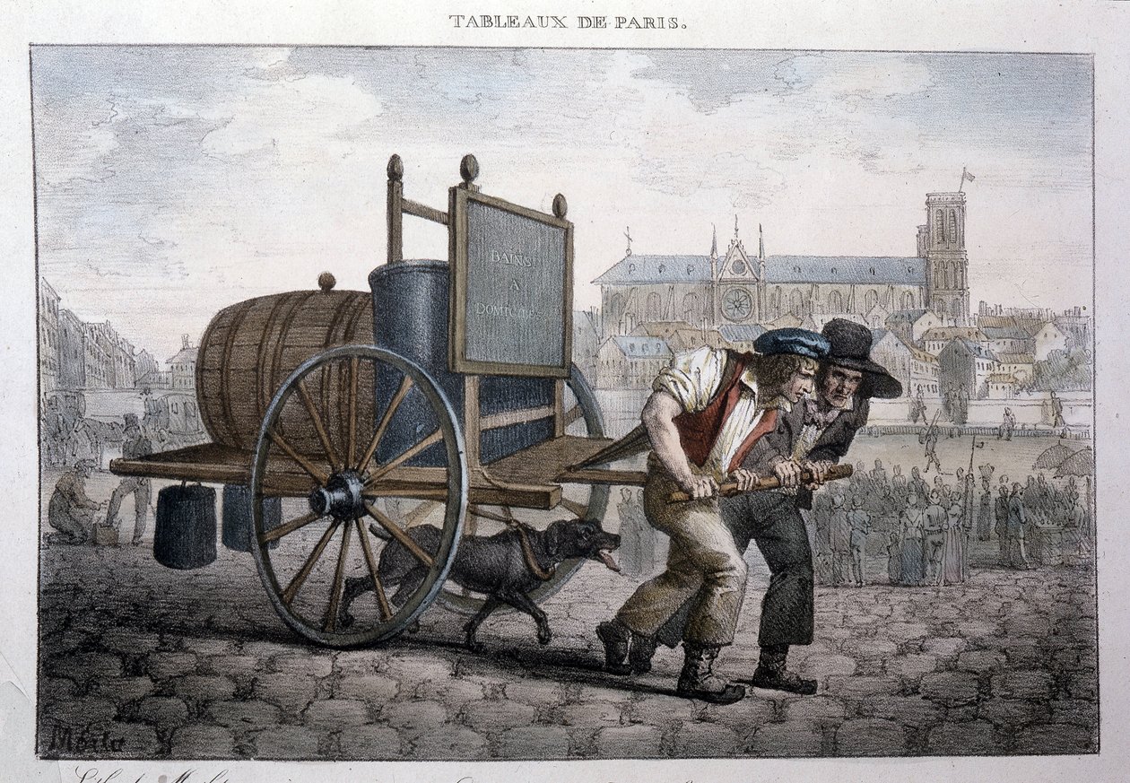 Oude straatberoep in Parijs: bad thuis (twee mannen trekken een kar met een vat gevuld met water). Gravure door Jean Henry Marlet (1771-1847) in 