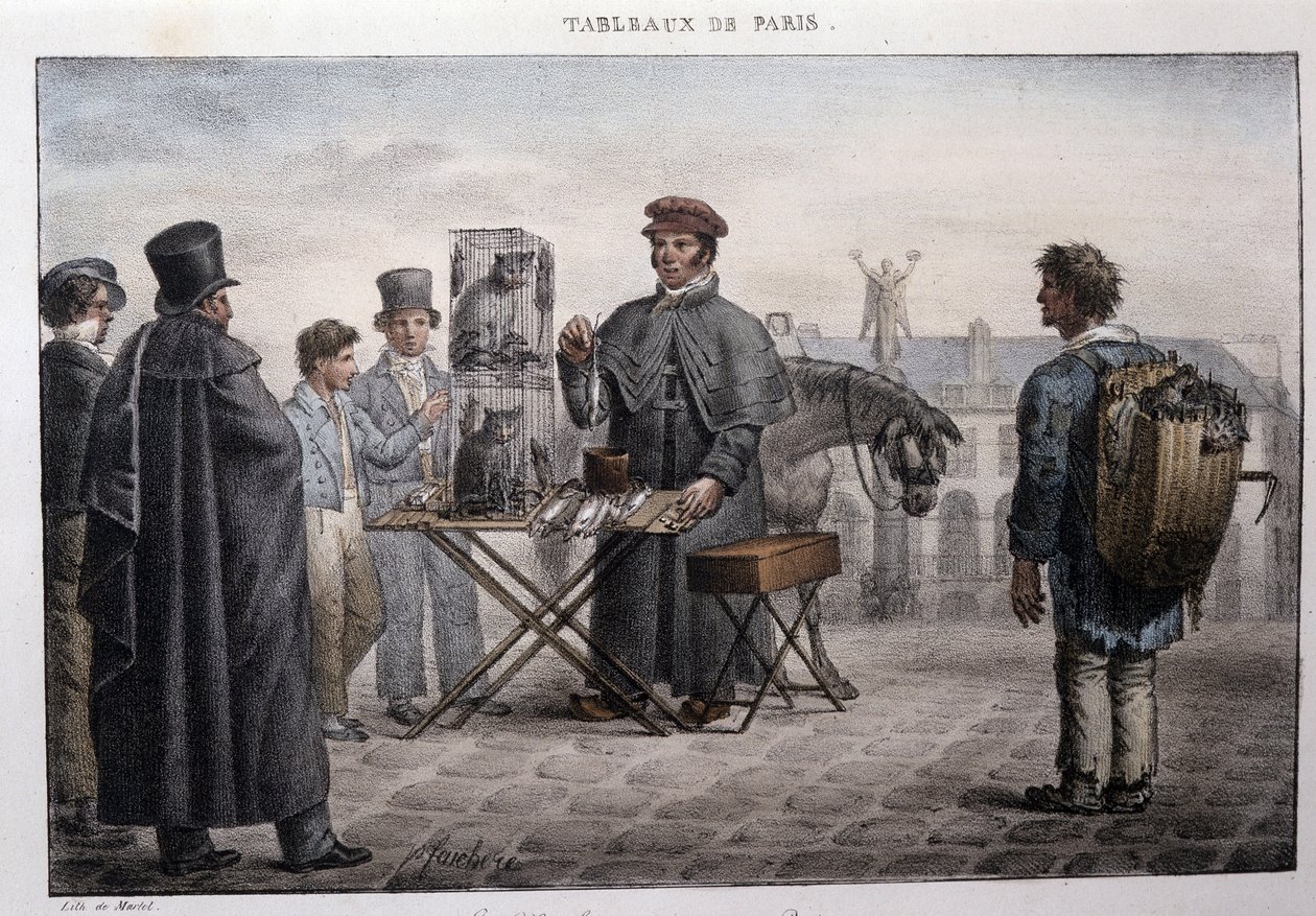 Oude straatberoep in Parijs: de rattenvanger (camelot). Gravure door Jean Henry Marlet (1771-1847) in 