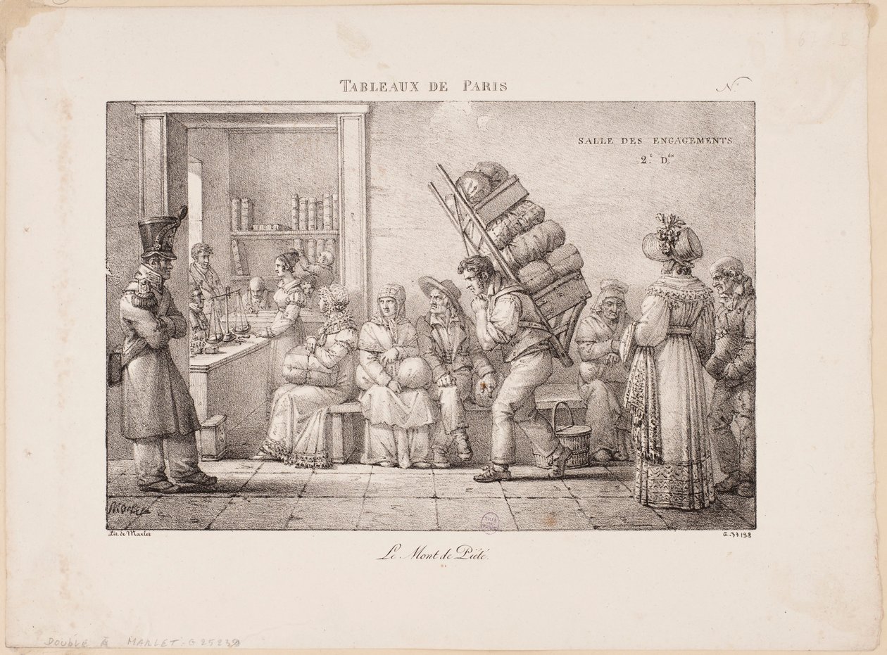 Taferelen uit Parijs. Het pandjeshuis. door Jean Henri Marlet