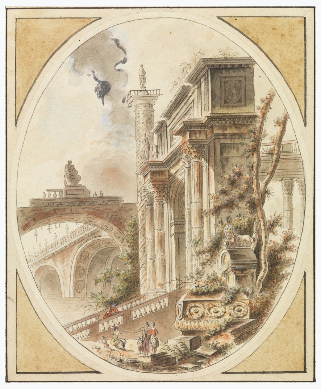 Tekening, Fantasie van een architecturale ruïne, ca. 1770 door Jean Henry Alexandre Pernet