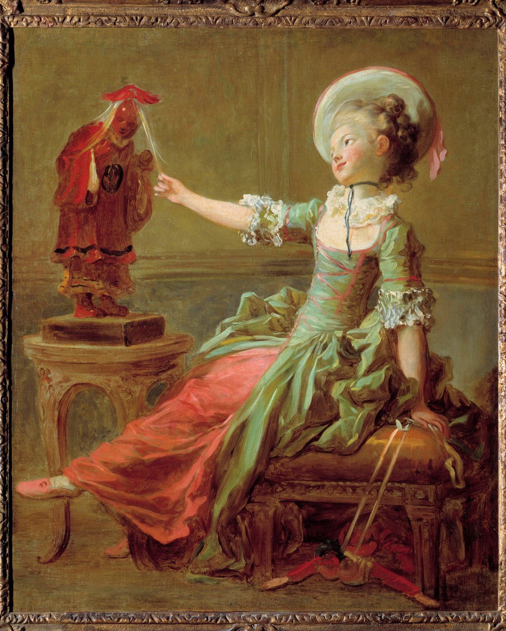 Een jong meisje amuseert zich met een Chinese beeld die haar haar trekt door Jean-Honore Fragonard