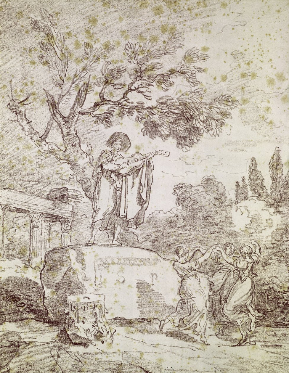 Een Italiaanse Gitarist Speelt voor Drie Dansende Meisjes door Jean Honore Fragonard