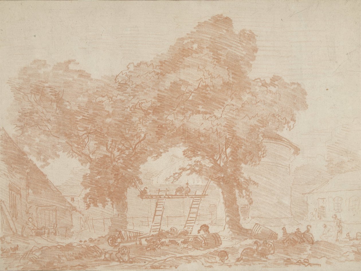 Boerenerf met twee bomen, waartussen ladders staan door Jean Honore Fragonard
