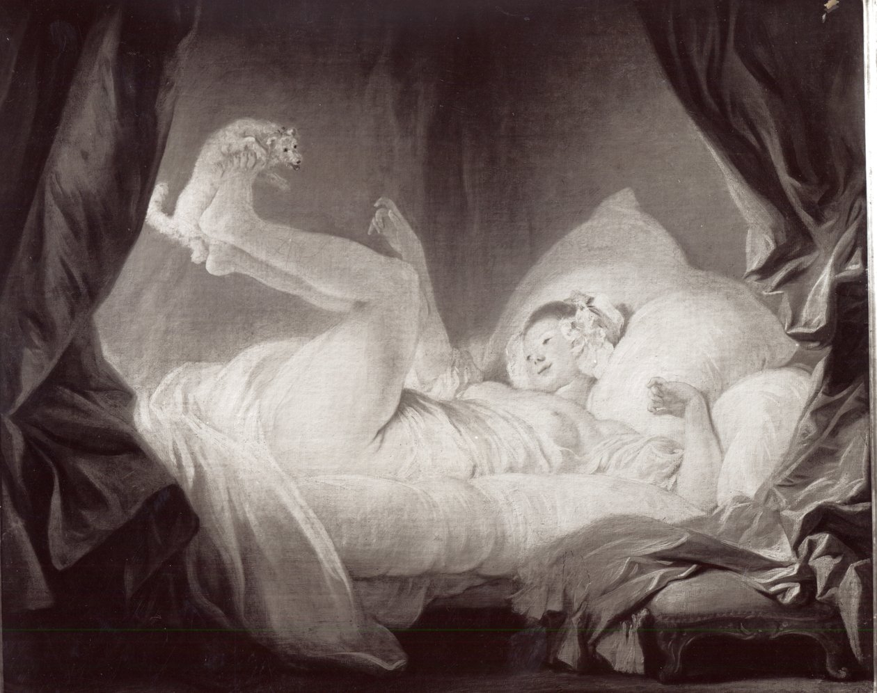 La Gimblette of jong meisje laat haar hond dansen op haar bed door Jean Honore Fragonard