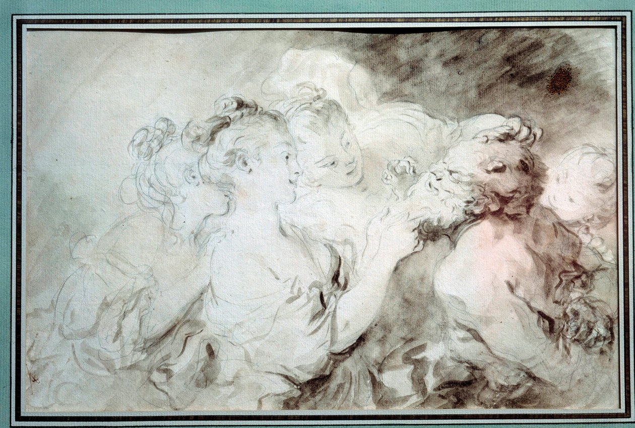 Jonge meisjes worstelen met een sater. Jonge vrouwen die plezier hebben met de baard van een sater. Tekening in de Bistre Wash door Jean Honore Fragonard. 18e eeuw. Privécollectie door Jean Honore Fragonard