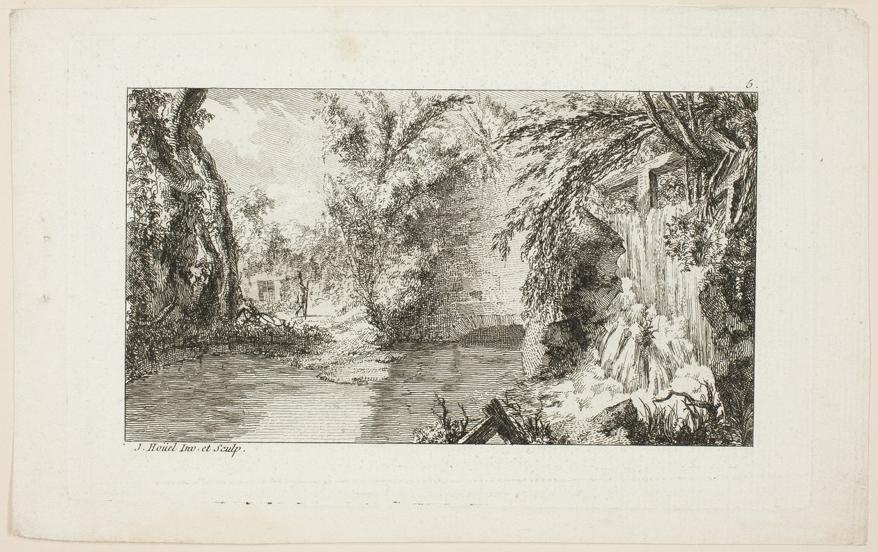 Landschap met een wandelaar en een waterval, plaat 5 uit de tweede suite Livre de paysages (Boek van landschappen) door Jean Hoüel
