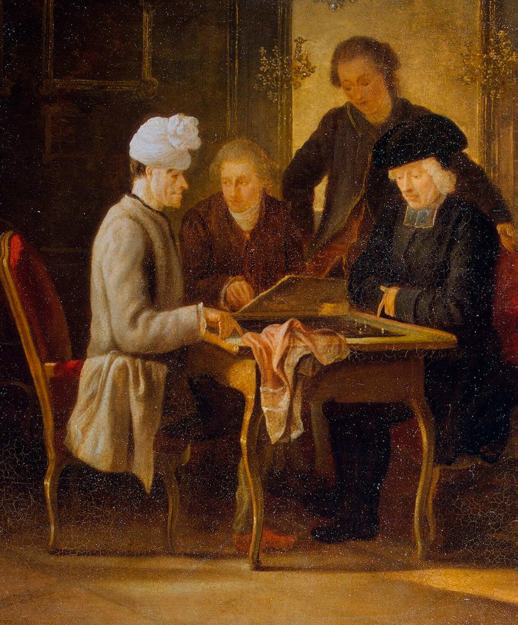 Voltaire aan een schaaktafel, tussen 1750 en 1775 door Jean Huber