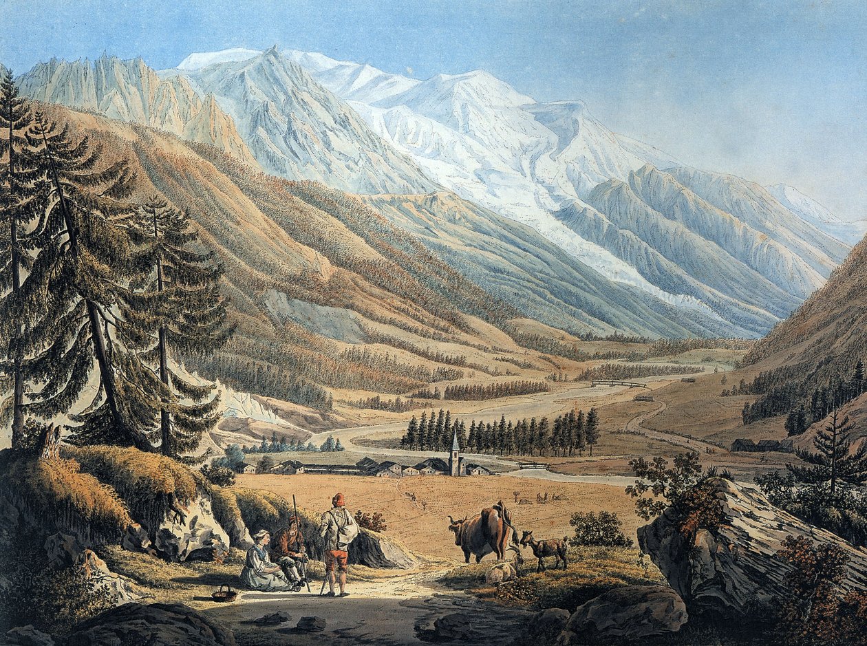 Gezicht op de vallei van Chamonix, vanuit het dorp Argentiere door Jean Daniel Huber tijdens een reis ca. 1785 (gravure) door Jean Huber