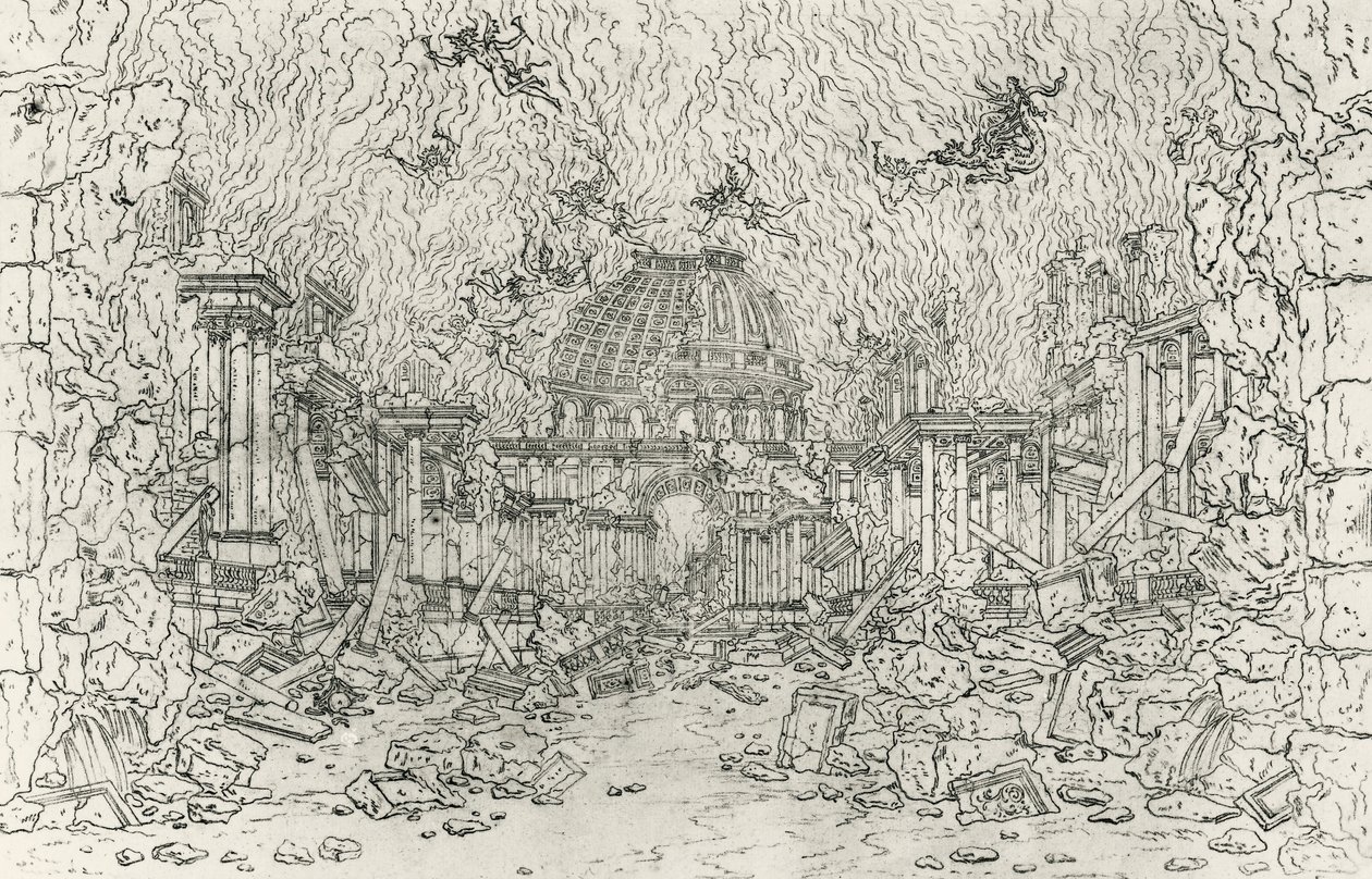 Vernietiging van het gebouw, schets door Jean Berain, voor Armide, door Jean-Baptiste Lully, Frankrijk door Jean I  Berain