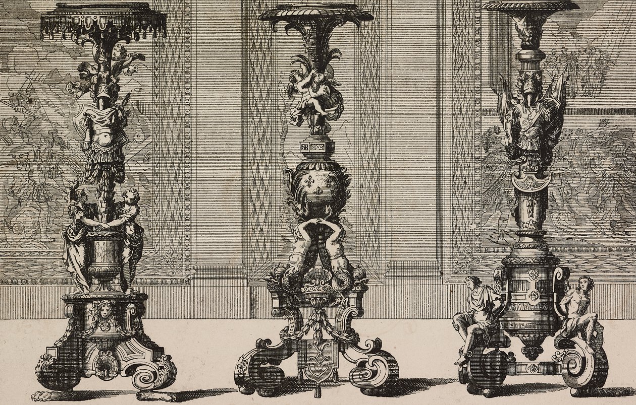 Grote bronzen kandelaars, gravure door Jean Berain (1640-1711) uit L