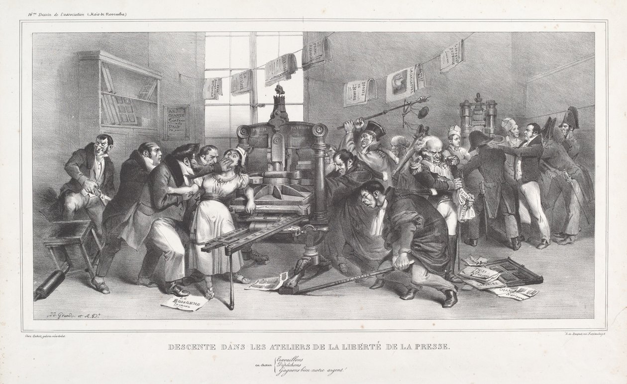 Descente dans les Ateliers de la Liberté de la presse door Jean Ignace Isidore Grandville, and Auguste Desperet