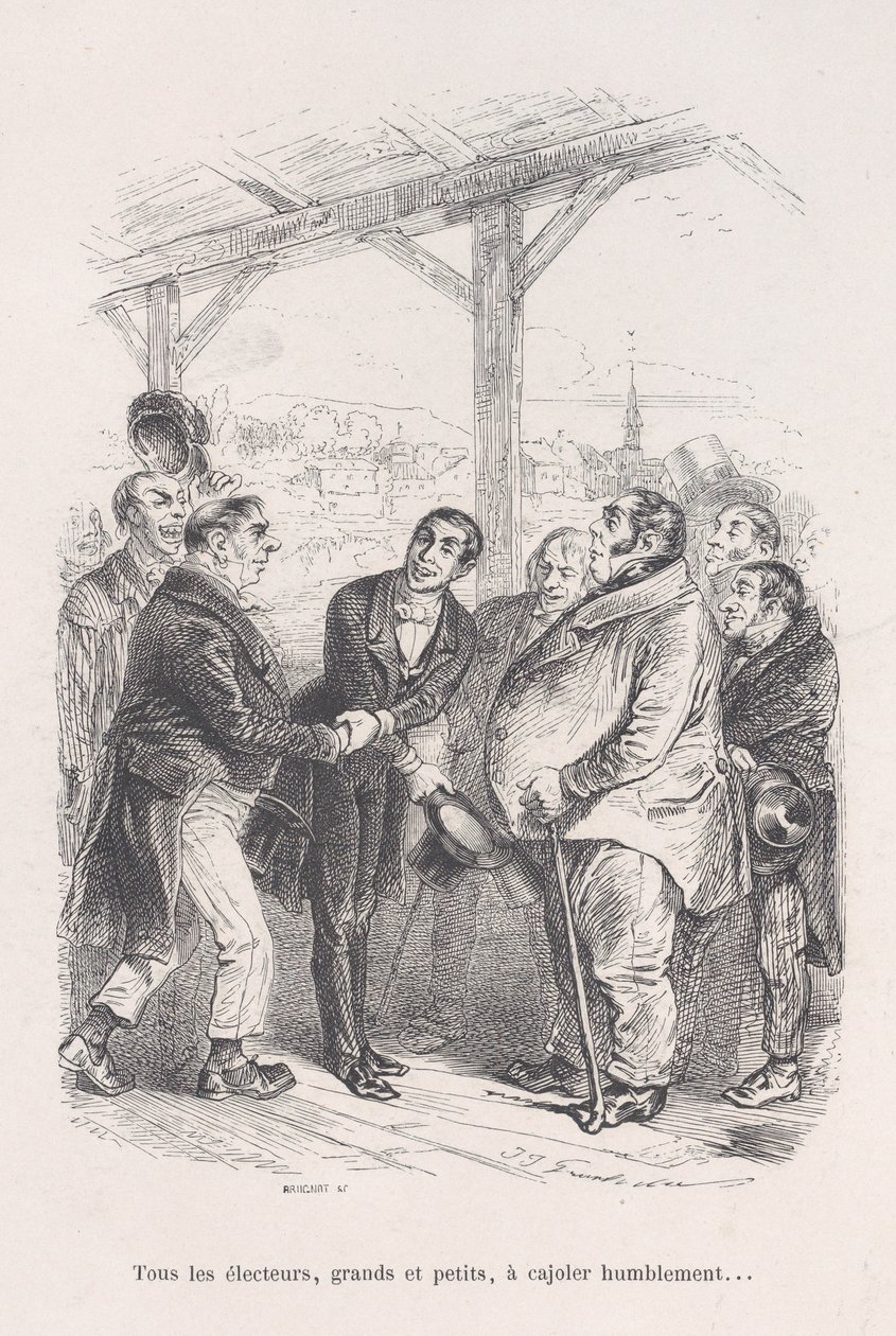 Alle kiezers, groot en klein, verzamelen zich om elkaar nederig te overtuigen... uit de Kleine Ellende van..., 1843 door Jean Ignace Isidore Gérard