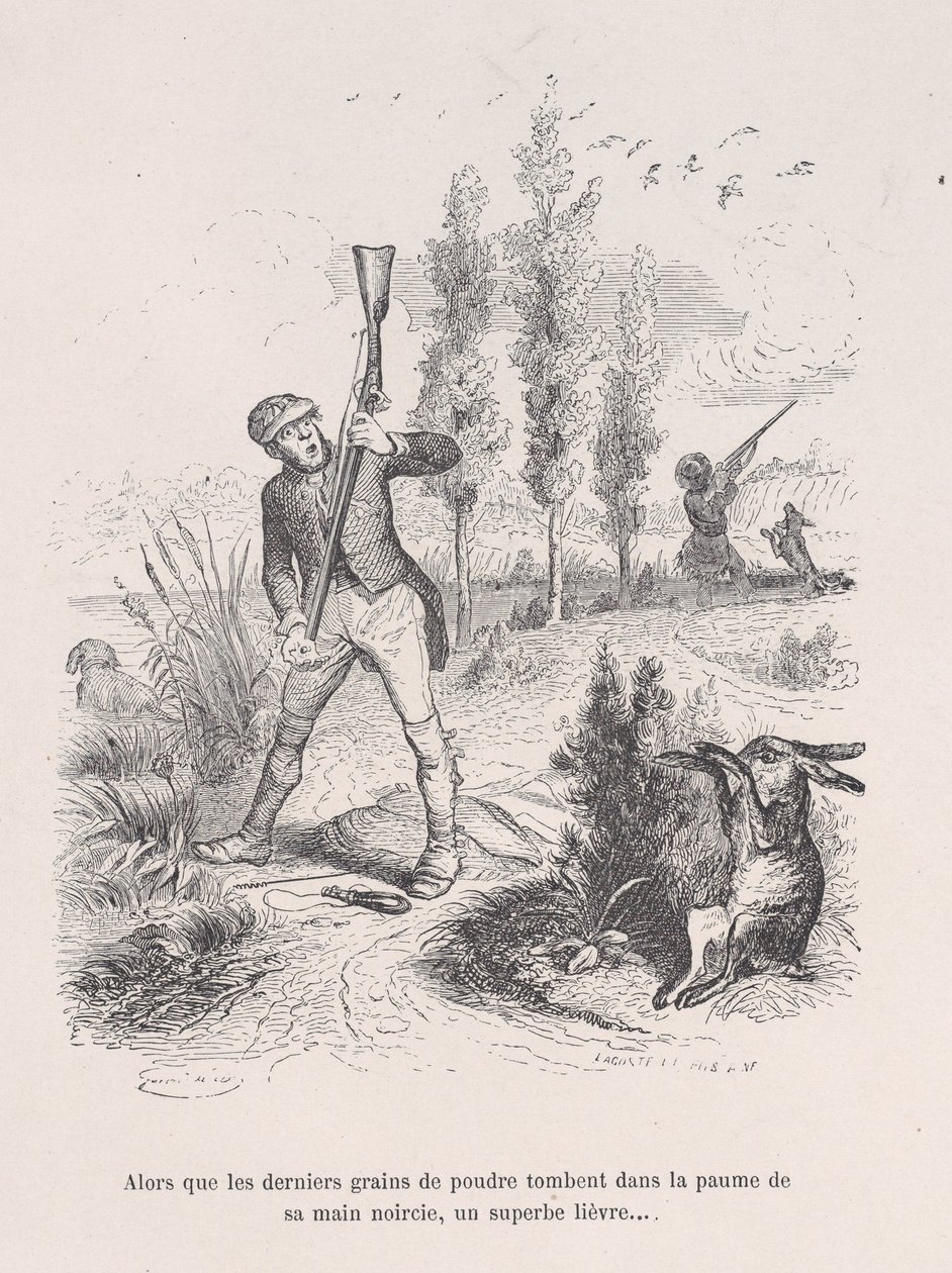 Als de laatste korrels poeder in de palm van zijn zwartgeblakerde hand vallen, een voortreffelijke haas..., 1843 door Jean Ignace Isidore Gérard