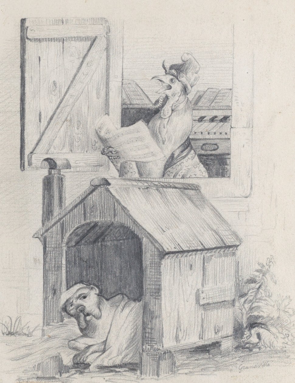 Hond in hondenhok, haan zingt bij raam, ca. 1842 door Jean Ignace Isidore Gérard