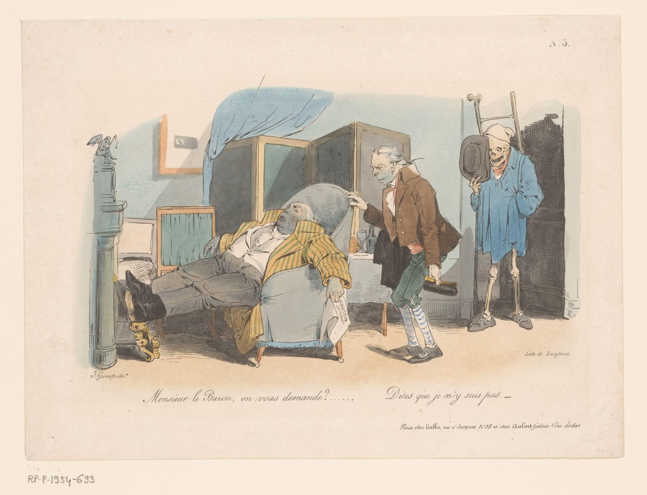 Baron wordt gehaald door een doodgraver en de Dood door Jean Ignace Isidore Gérard Grandville