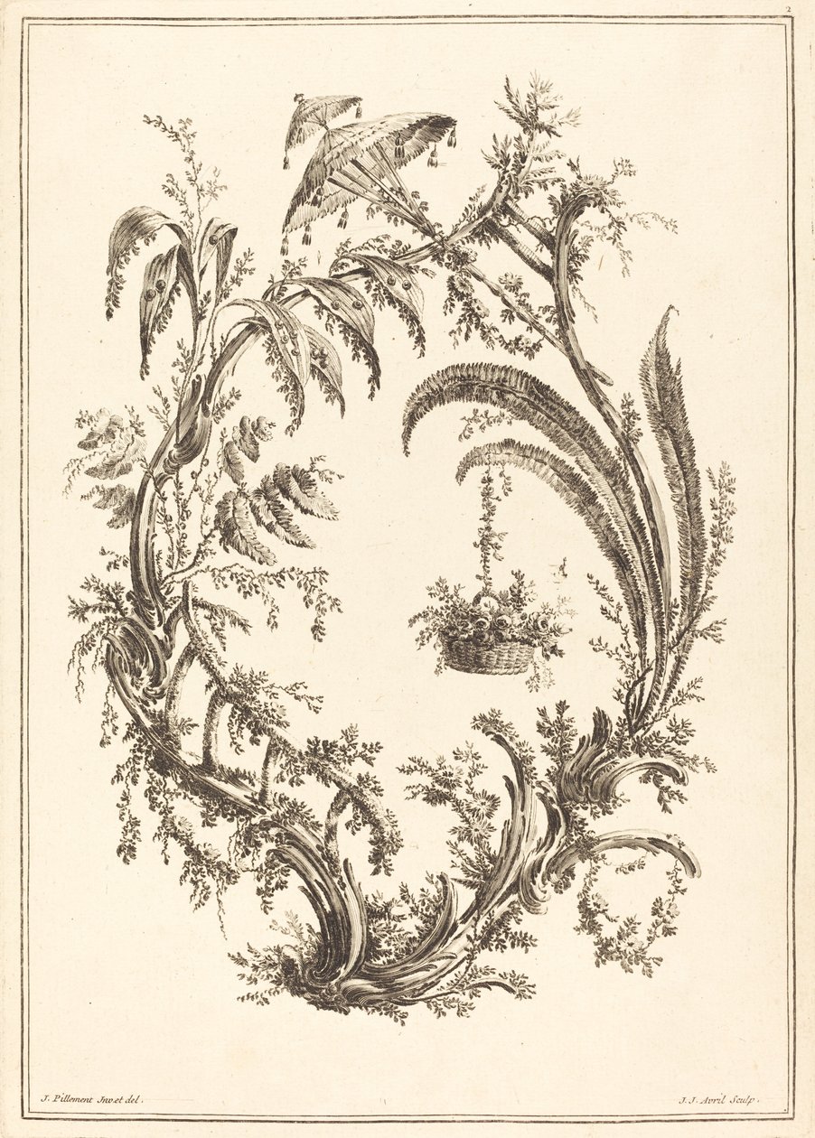 Ornament met Parasol en Hangende Mand door Jean Jacques Avril I after Jean Baptiste Pillement