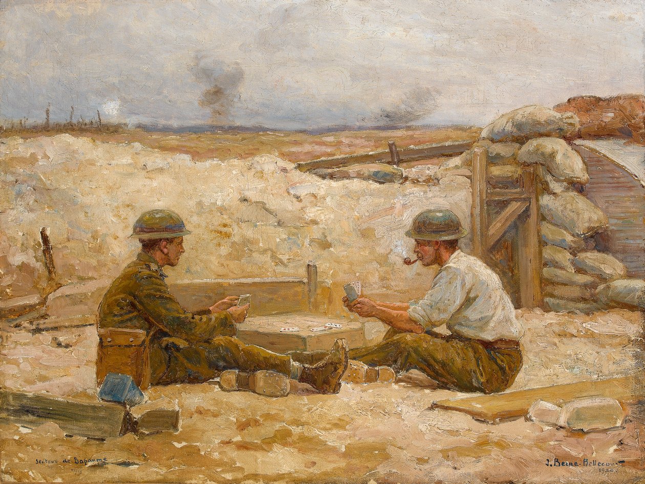 Twee Britse officieren die kaarten spelen buiten hun schuilplaats, Secteur de Bapaume, 1918-20 door Jean Jacques Berne Bellecour