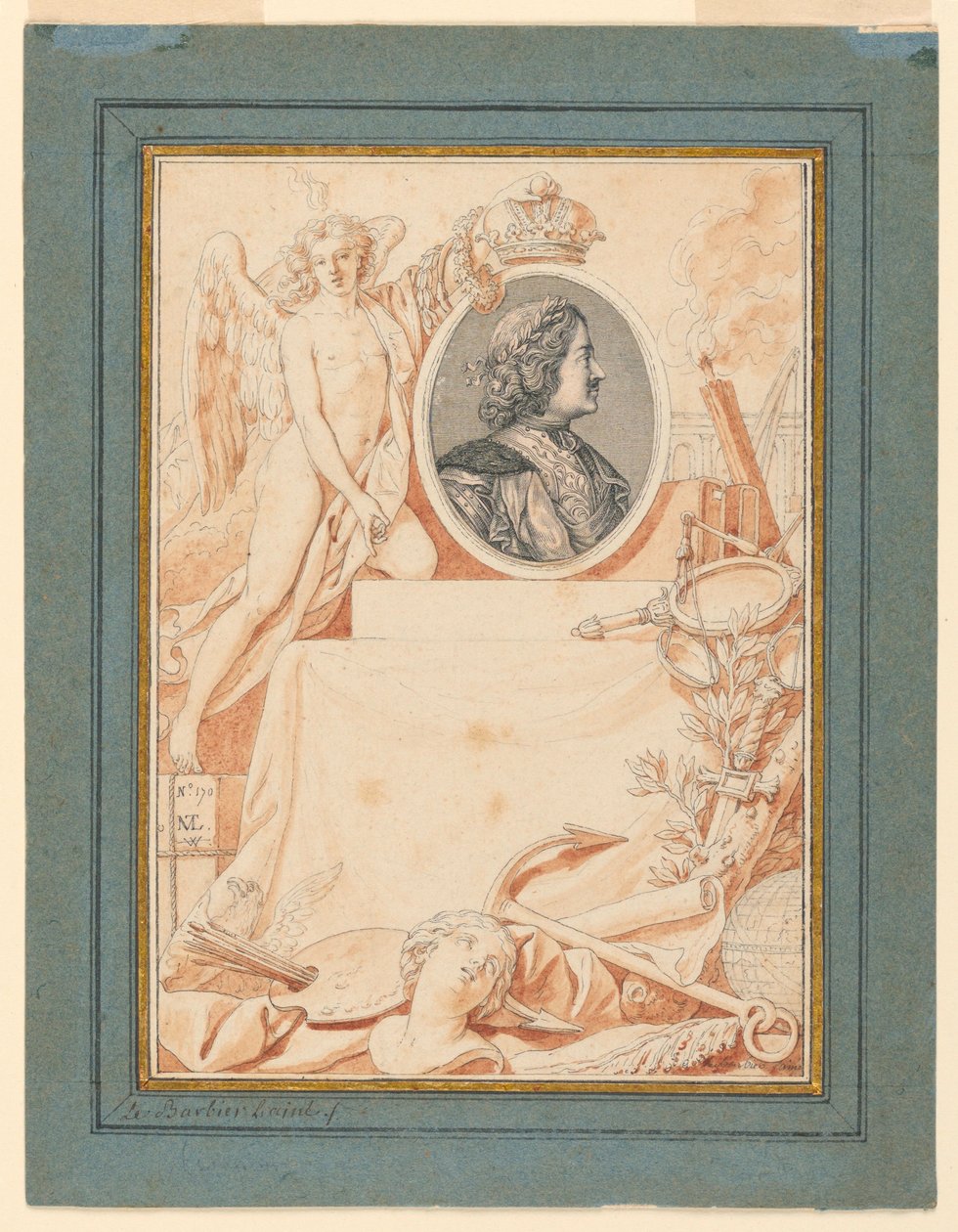 Tekening, Frontispice voor een Geschiedenis van Peter de Grote, ca. 1780 door Jean Jacques Francois Le Barbier