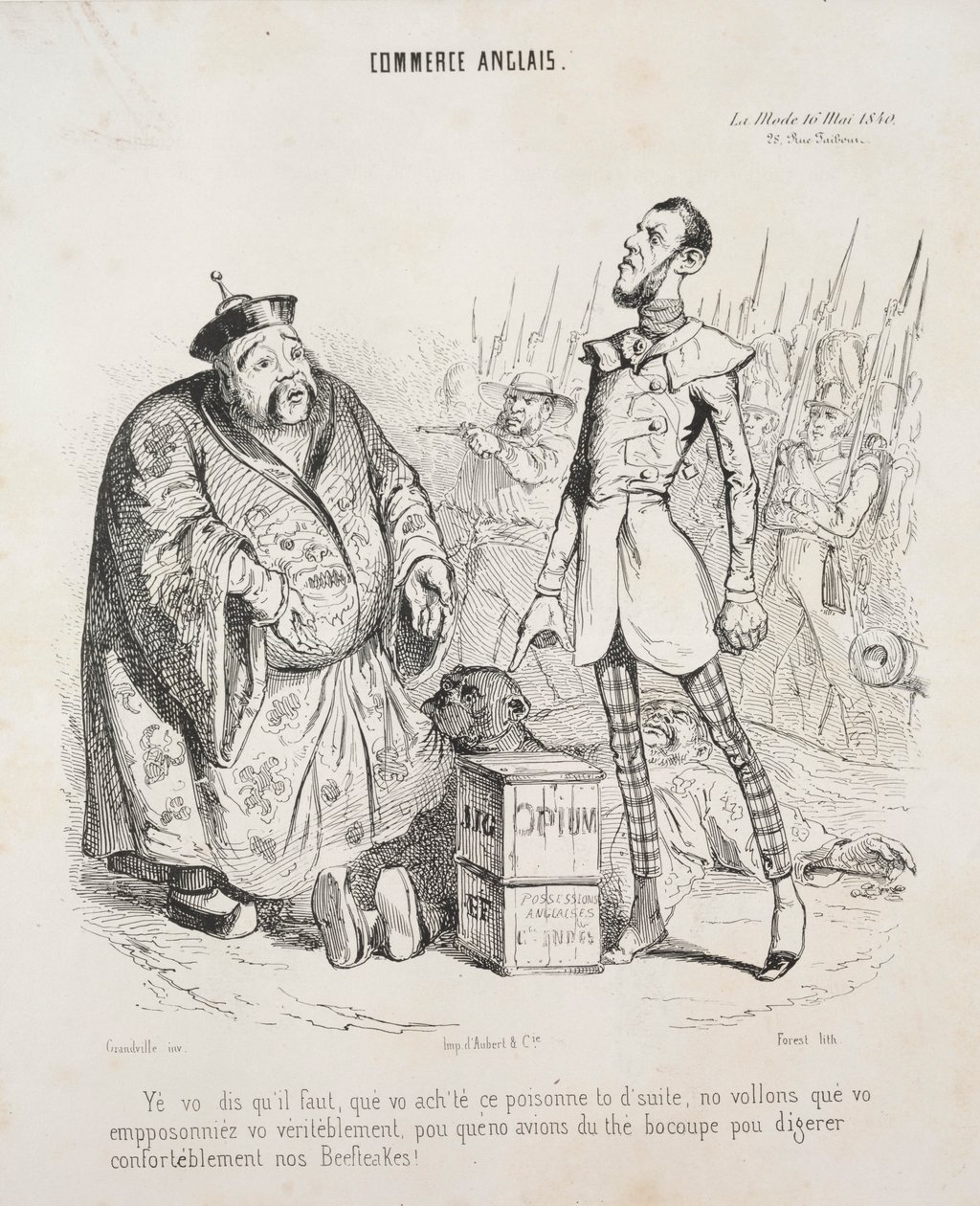 Commerce anglais. Yé vo dis quil faut, que vo achte ce poisonne to dsuite..., 1840 door Jean Jacques Grandville