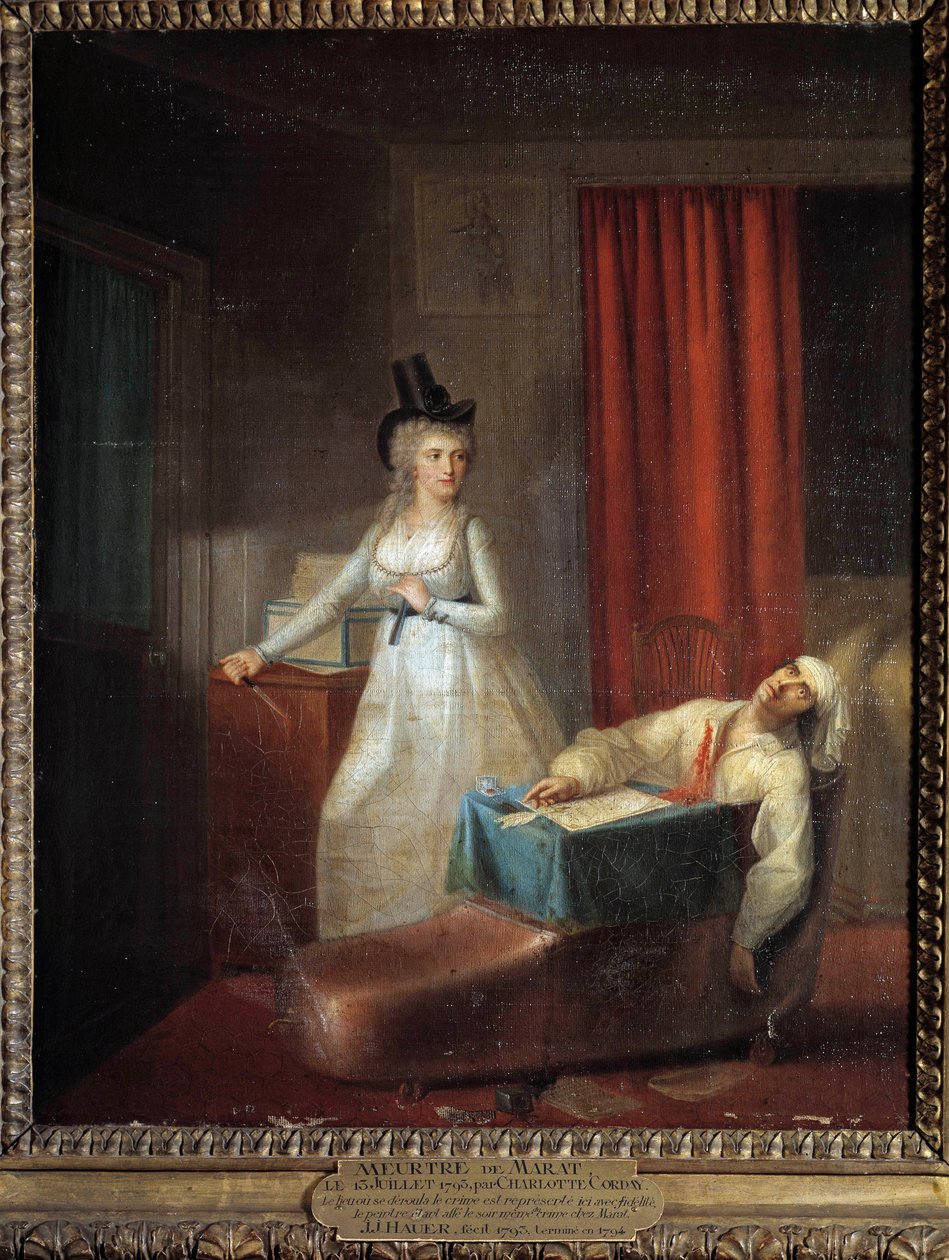 Charlotte Corday vermoordt Jean Paul Marat (1743-1793) op 13 juli door Jean Jacques Hauer