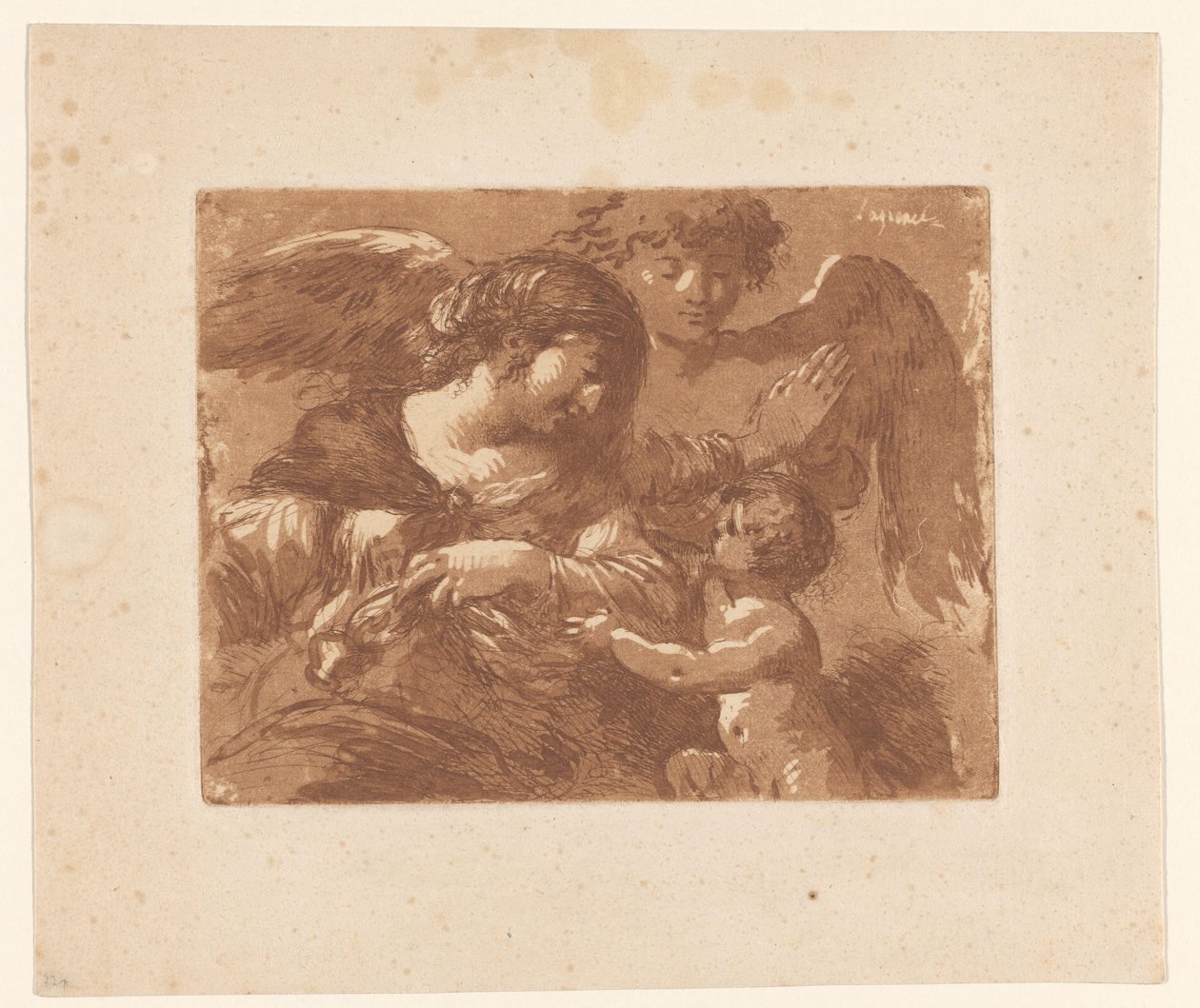 Moeder met kind en een beschermengel door Jean Jacques II Lagrenee