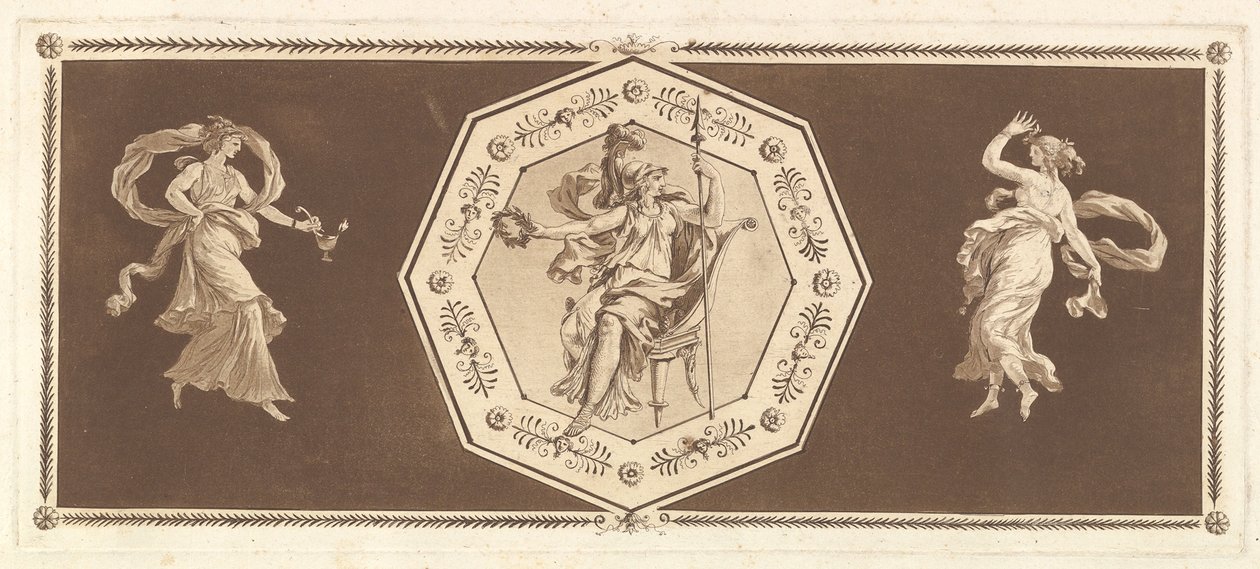 Minerve zittend in een decoratieve achthoek, met een figuur links en rechts de Nacht..., 1784 door Jean Jacques Lagrenee
