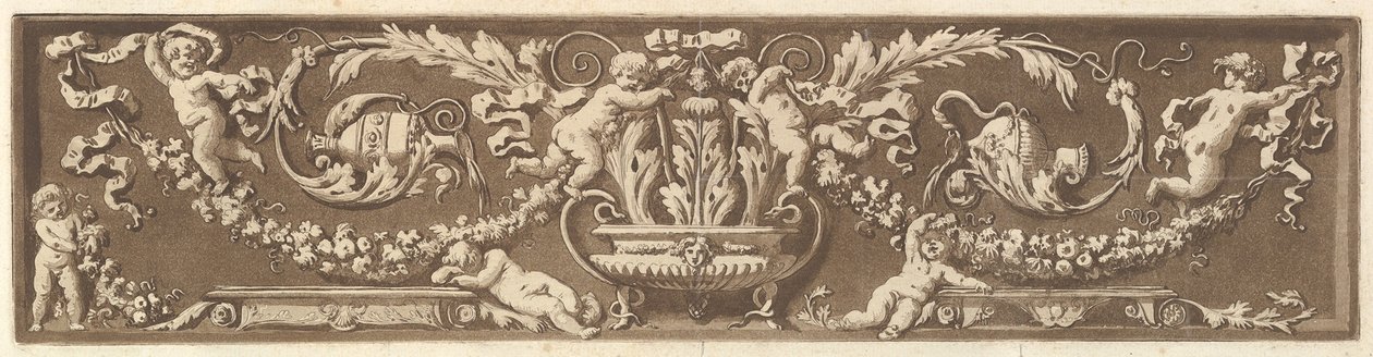 Ornamentale fries met putti, acanthusbladeren en fruitguirlandes, uit Recueil de Diff..., 1784 door Jean Jacques Lagrenee