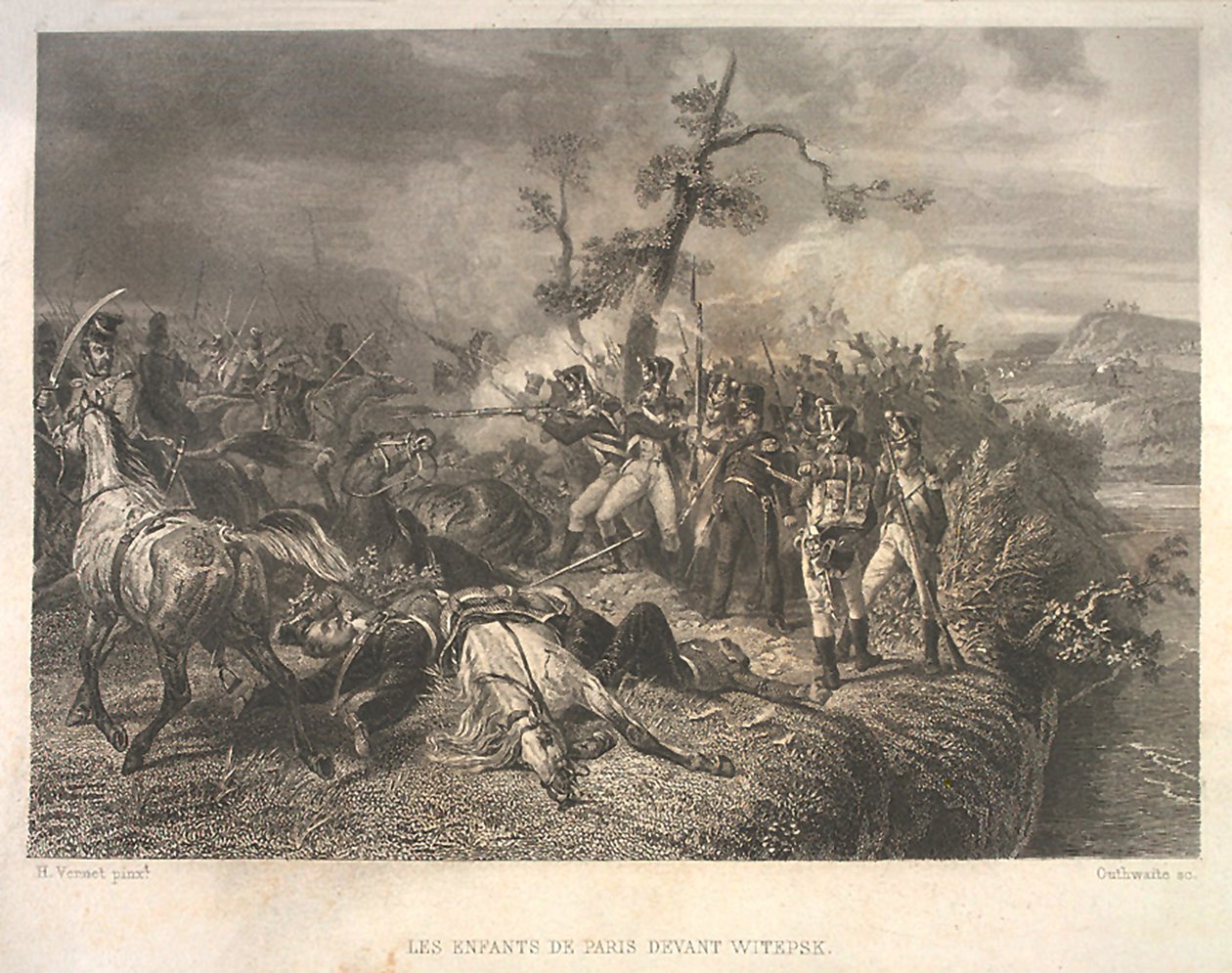Slag tussen Russische troepen en Franse cavalerie bij Ostrovno door Jean Jacques Outhwaite