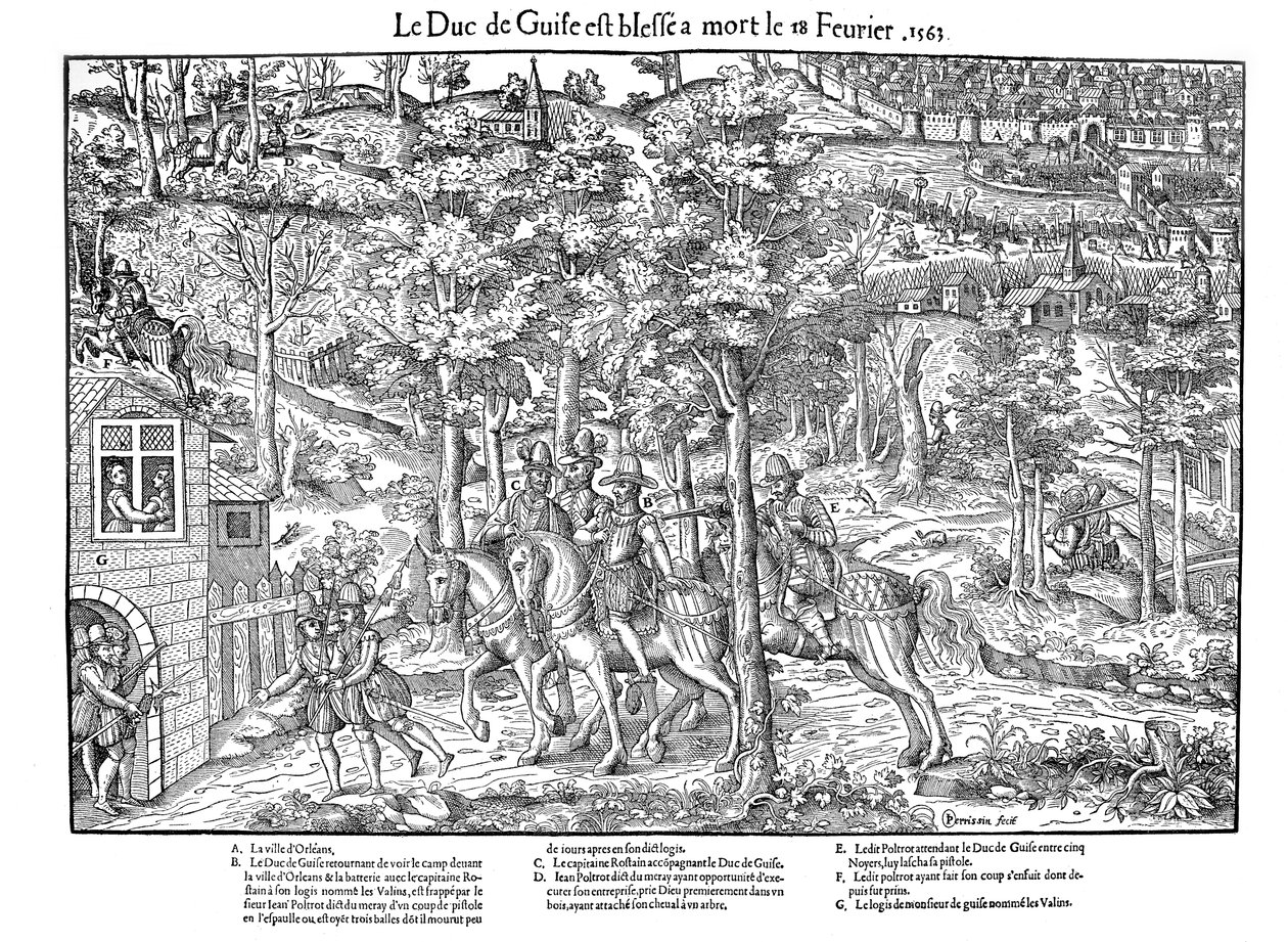 Moord op Francois de Lorraine, Hertog van Guise, Franse Religieuze Oorlogen, 18 februari 1563 door Jean Jacques Perrissin