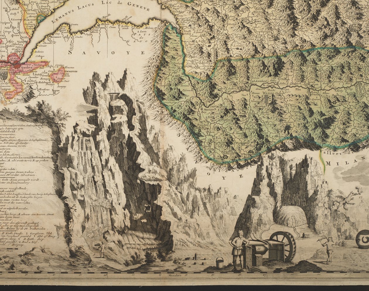 Nova Helvetiae tabula geographica illustrissimis et potentissimis cantonibus et rebuspublicis reformatae religionis Tigurinae, Bernensi, Glaronensi, Basiliensi, Scaphusianae, Abbatis Cellanae, detail, c.1712 door Jean Jacques Scheuchzer