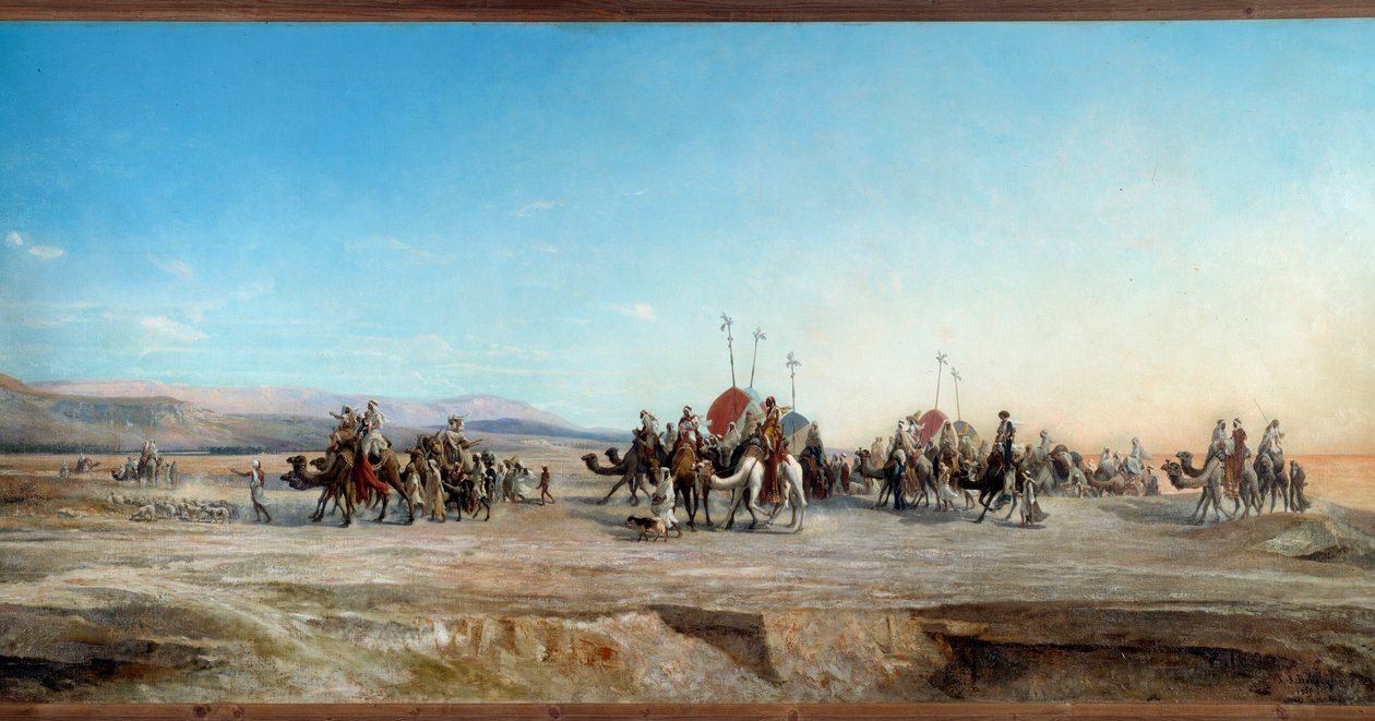 Op zoek naar een kamp, nomadische karavanen en kamelen in de woestijn door Jean Joseph Bellel