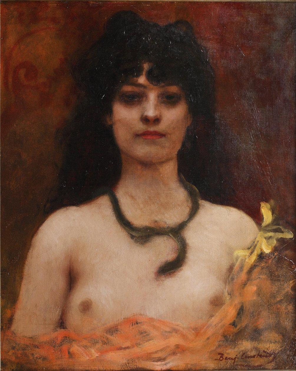 Benjamin Constant - Oriëntalistisch portret van een naakte dame, borstlengte door Jean Joseph Benjamin Constant