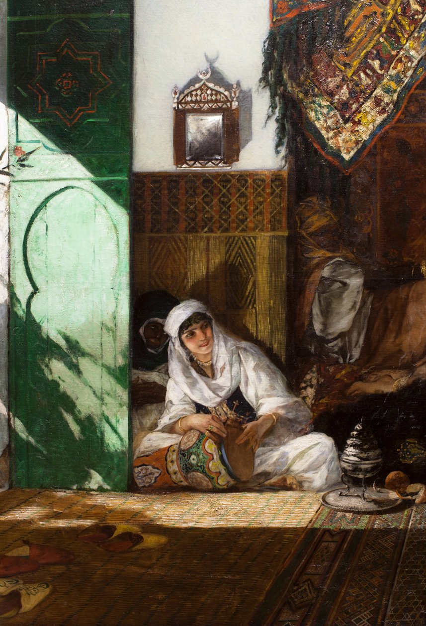 Interieur van een harem in Marokko, detail: vrouw speelt derbouka door Jean Joseph Benjamin Constant